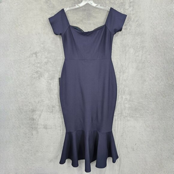 Lulus How Much I Care Off Shoulder Midi Dress L Navy Blue Trumpet Hi Low Hem New - Picture 12 of 14